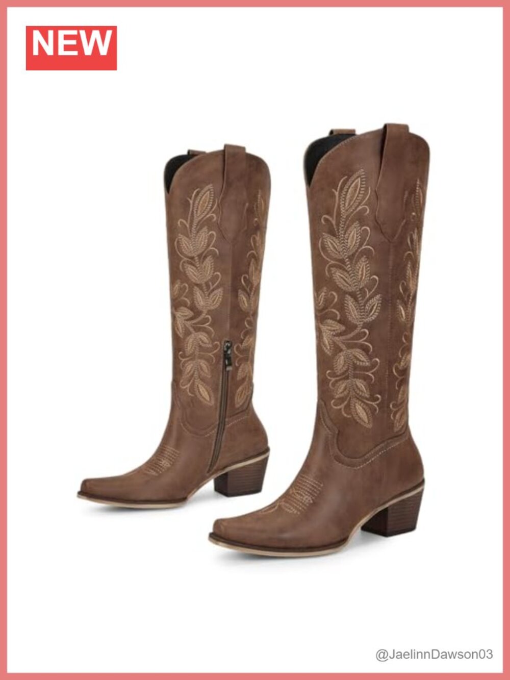 Knee High Cowboy Boots Faux Leather Floral Embroidered Low Heel Side Zip